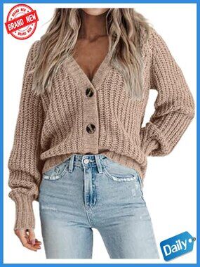 Chunky Knit Cardigan Open Front V Neck Long Sleeve Button Down Sweater